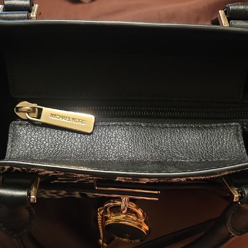 Michael Kors Faux Hair Animal Print  Satchel in Black and Gold - Picture 6 of 10